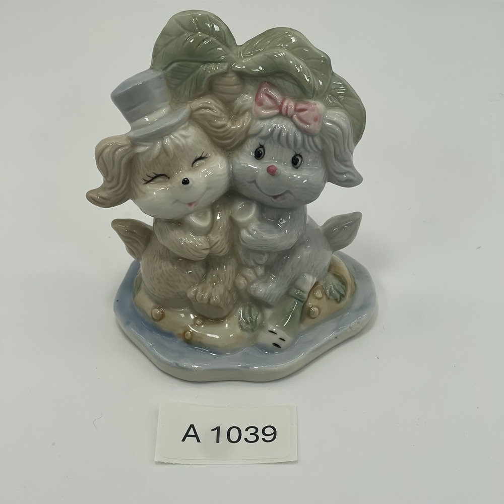 Vintage Porcelain Dogs Puppy Love Figurines Island Tropical Palm Tree Bow‎ Hat - Picture 8 of 8
